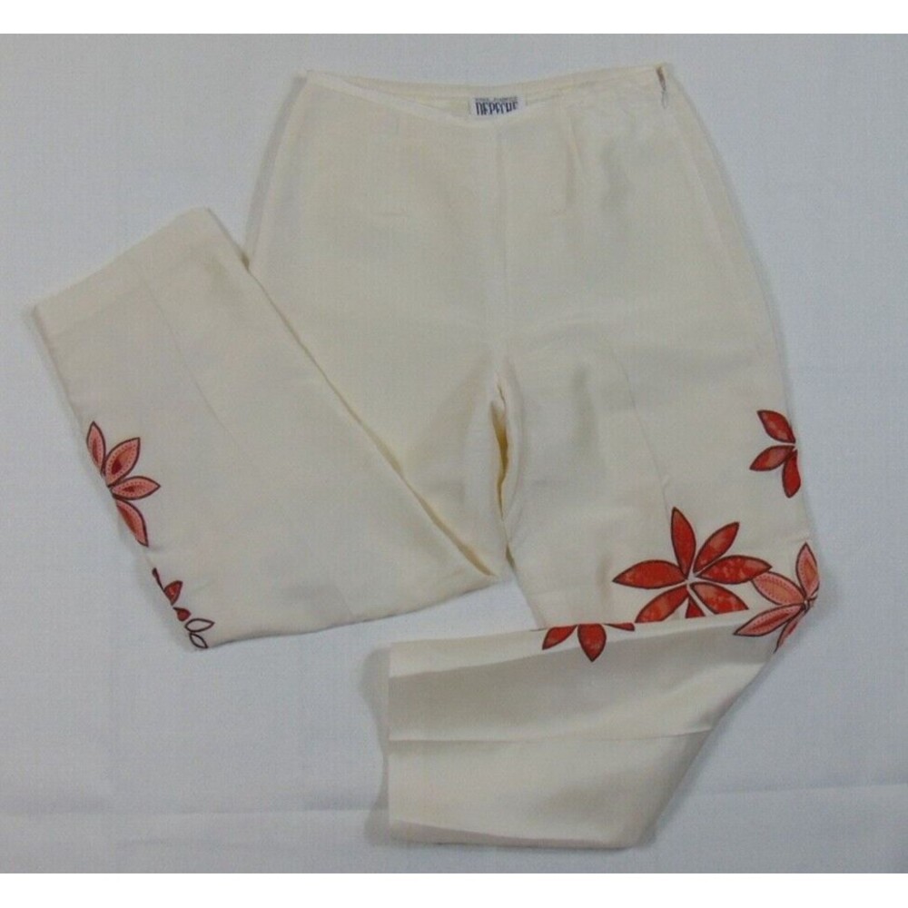 Vtg 90's Yves Cossette Depeche White Embroidered Silk Pants Womens Size 8 Crop